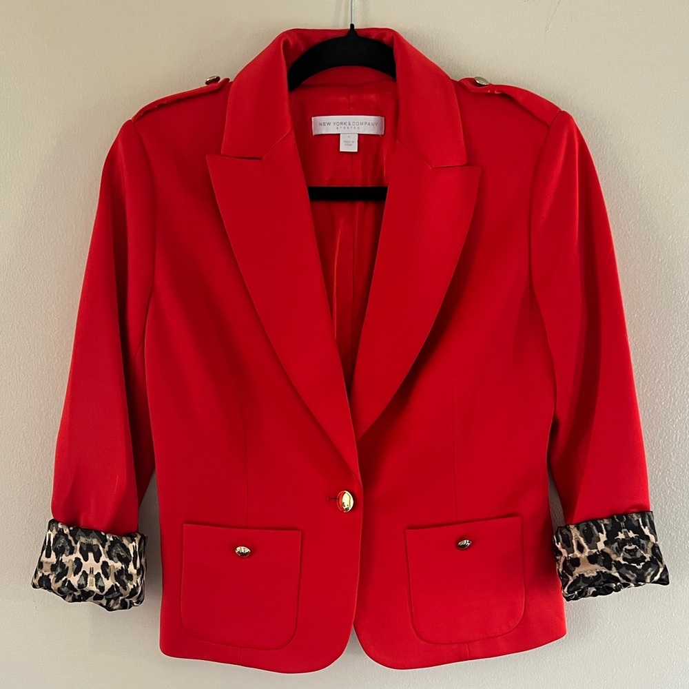 EUC New York & Company Red Blazer with Leopard-Print Cuff Trim